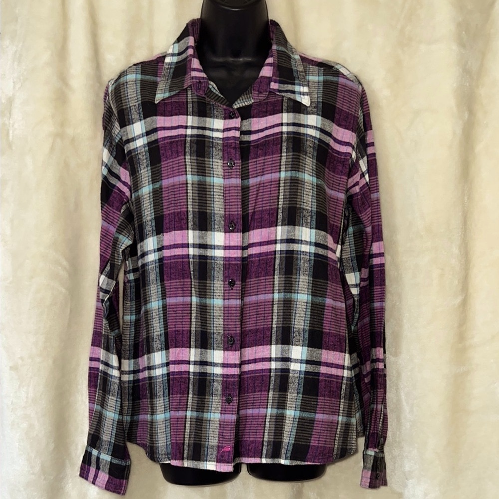 WRANGLER 🤠 PURPLE/PINK/BLACK COTTON FLANNEL PLAID BUTTON DOWN SHIRT Women’s XXL